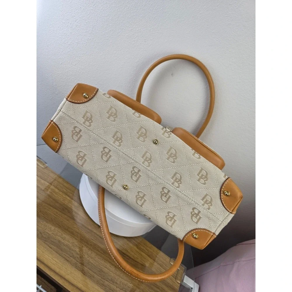 Dooney & Bourke Signature Monogram Canvas Satchel Tan Leather Trim Bag